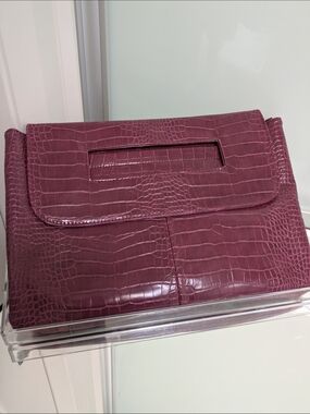Commense Croc-Embossed Fold-Over Clutch in Plum